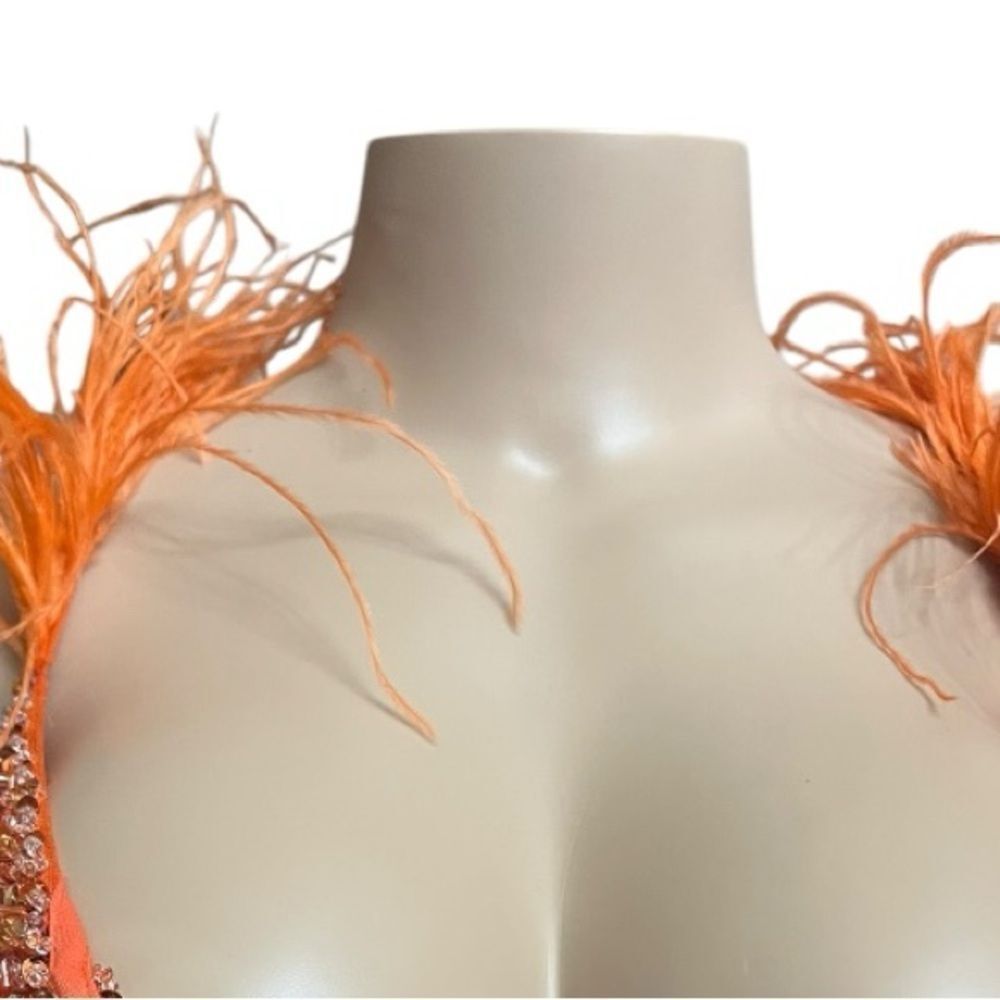 Jovani Vibrant Orange Feather-Trim Beaded Mermaid Gown - Picture 9 of 16